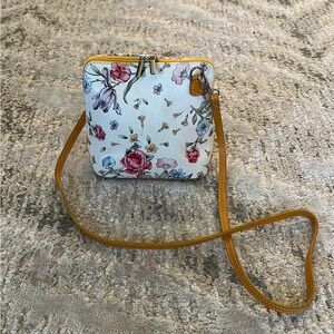 Italian Floral Crossbody Leather Bag with Tan-yellow Strap